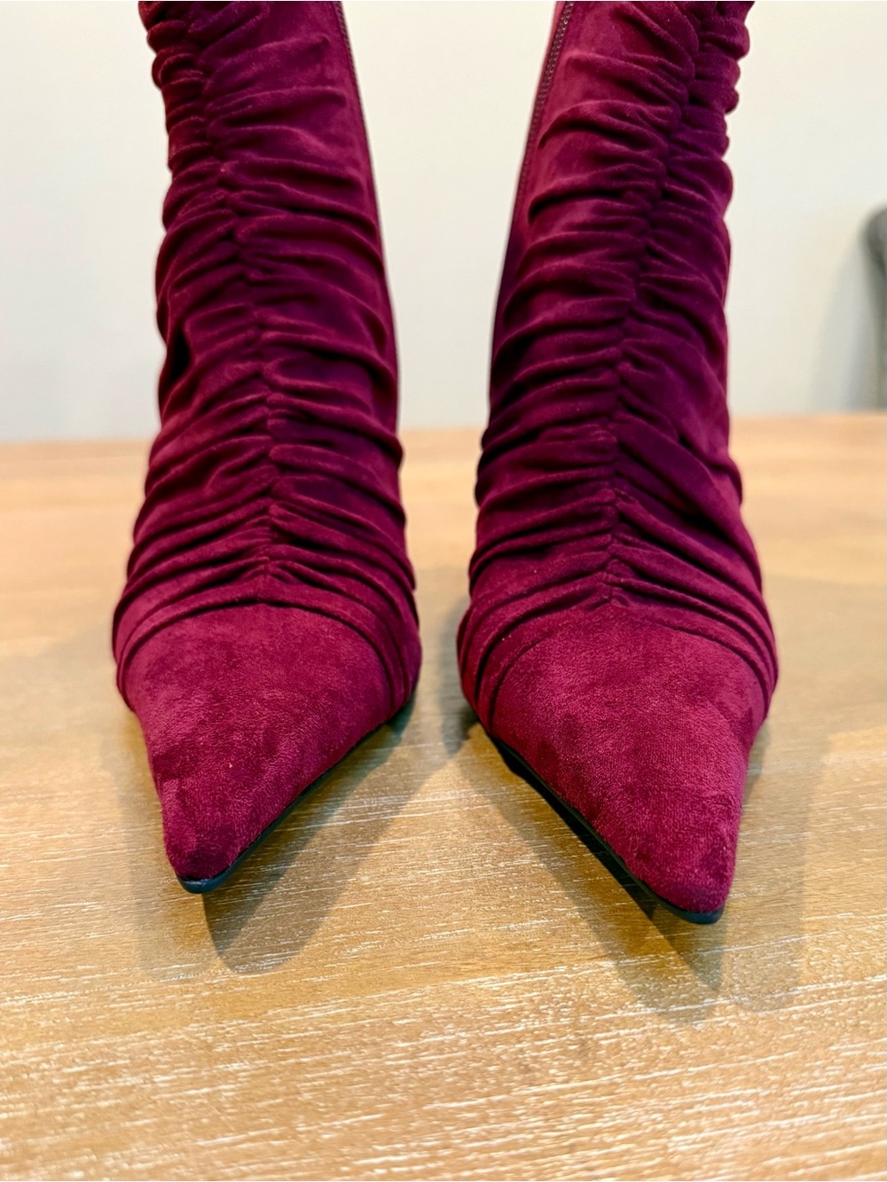 NWOB Jeffrey Campbell Let’s-Go Rouched Stiletto Ankle   Boot Wine Suede Sz 8.5 - Picture 3 of 11